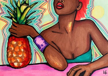 Beautiful sexy girl with pineapple small drawing gift Рисунок под названием "Beautiful sexy girl…" - Elena Polak, Подлинное произведение искусства, Маркер