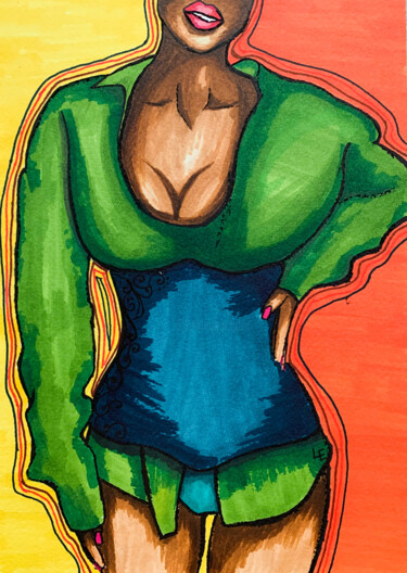 Sexy African girl with beautiful figure bright small drawing Рисунок под названием "Sexy African girl w…" - Elena Polak, Подлинное произведение искусства, Маркер