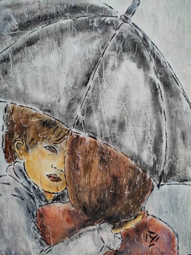 Картина под названием "Jour de pluie" - Philippe Bourney, Подлинное произведение искусства, Масло Установлен на Деревянная р…