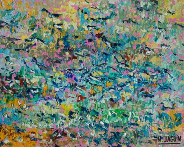 Painting titled "Oiseaux marins" by Nathalie Jaguin, Original Artwork, Oil Mounted on Wood Stretcher frame