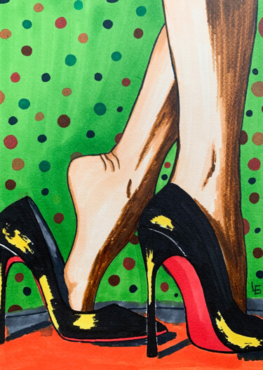 High black heels green background sexy legs Рисунок под названием "High black heels gr…" - Elena Polak, Подлинное произведение искусства, Маркер