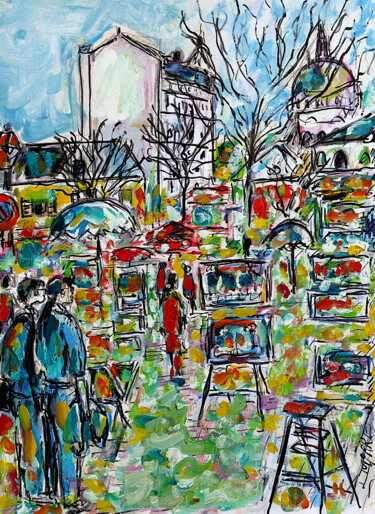 Peinture intitulée "Dimanche à Montmart…" par Jean Mirre, Œuvre d'art originale, Huile