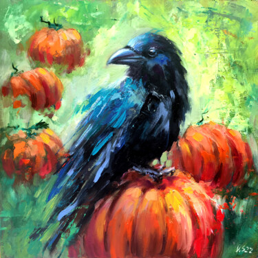 Raven Bird Original Art Painting Crow Blue Birds Artwork Gif 「Raven Bird Original…」というタイトルの絵画 Valerie Serovaによって, オリジナルのアートワーク, オイル
