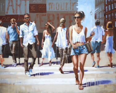 Painting titled "Ballet urbain" by Sylvie Julkowski-Egard, Original Artwork, Oil Mounted on Wood Stretcher frame