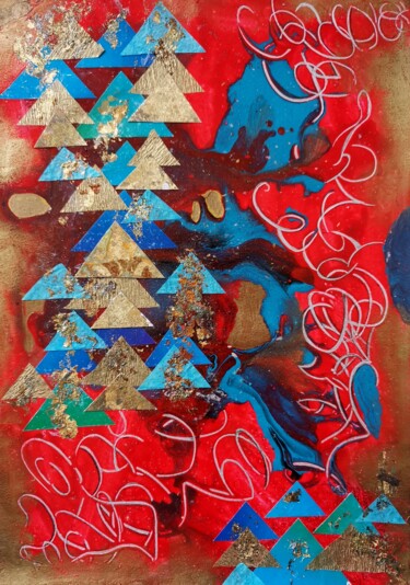 Gold triangles on right red surface Collages titled "Gold triangles on…" by Lynda Rosemarie Stevens, Original Artwork, Collages