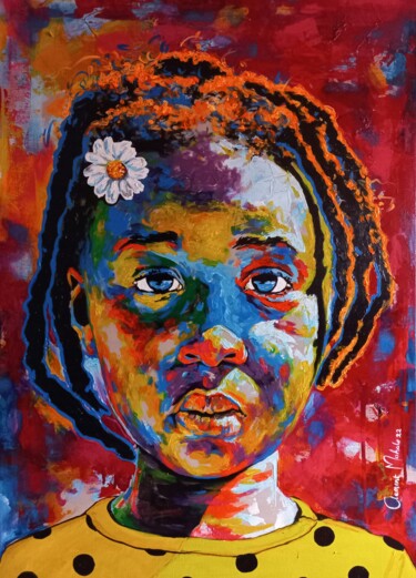 "Young girl with a flower" Painting titled ""Young girl with aβ¦" by Clement Mohale, Original Artwork, Acrylic Mounted on Wood Stretcher frame