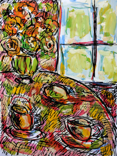 Painting titled "By the window" by Jean Mirre, Original Artwork, Oil