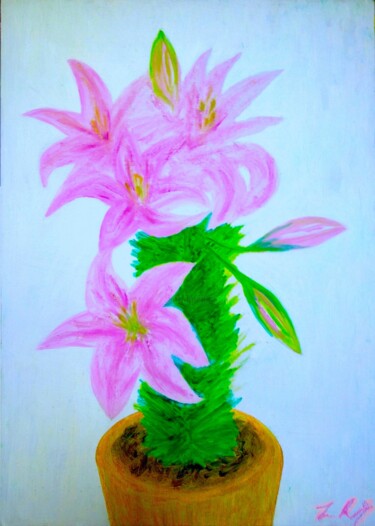 Schilderij getiteld "Lily in Pot" door Irina Rabeja, Origineel Kunstwerk, Olie Gemonteerd op Karton