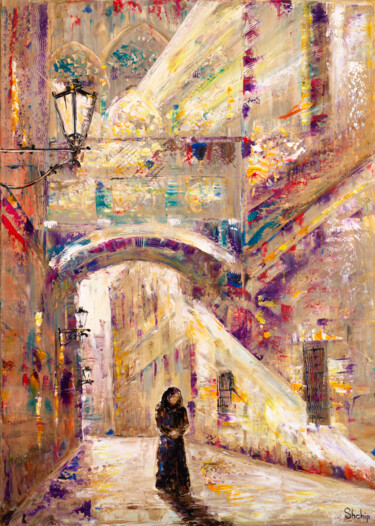 绘画 标题为“Barcelona. Shadows…” 由Natalia Shchipakina, 原创艺术品, 油 安装在木质担架架上