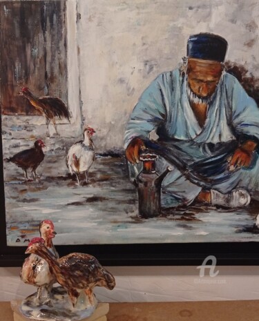 제목이 "l'homme au poules"인 조형물 Moune Céramique로, 원작, 도예