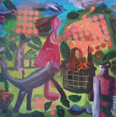 Painting titled "Apanhando laranjas…" by Vitor Pisco, Original Artwork, Acrylic