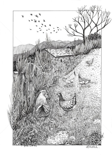 Drawing titled "Les poules" by Amena Nathan, Original Artwork, Ink