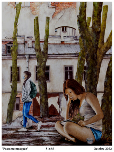 Peinture intitulée "Passante masquée" par Plumerand Frédéric, Œuvre d'art originale, Huile Monté sur Châssis en bois