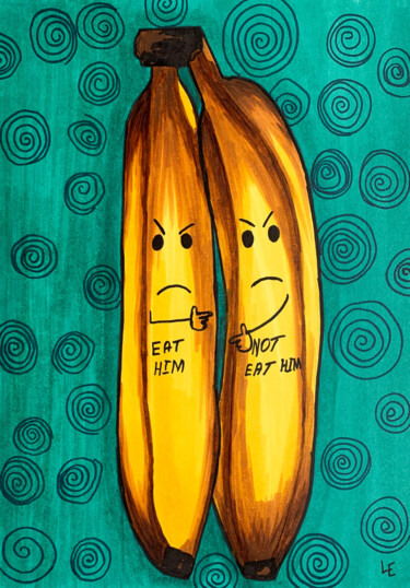 Bananas yellow couple small painting gift green background Рисунок под названием "Bananas yellow coup…" - Elena Polak, Подлинное произведение искусства, Маркер