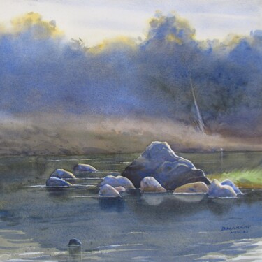 Painting titled "Riverside blues" by Bhargavkumar Kulkarni, Original Artwork, Watercolor