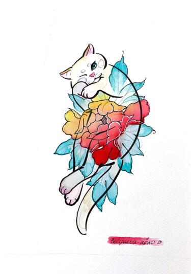 Peinture intitulée "Cat with peony" par Oleksandra Belyaeva, Œuvre d'art originale, Aquarelle
