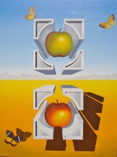 绘画 标题为“DUO DE POMMES ATOMI…” 由Bertrand Delogne, 原创艺术品, 油 安装在木质担架架上