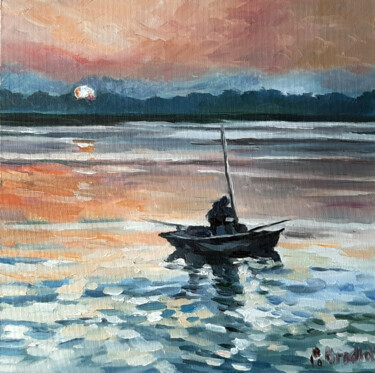 Peinture intitulée "Pêche à l'aube" par Pascal Brachet, Œuvre d'art originale, Huile Monté sur Carton