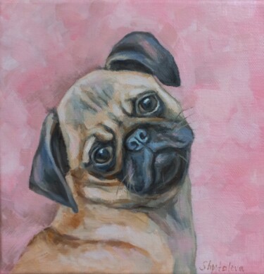 Painting titled "Pug" by Liliia Shpitaleva, Original Artwork, Oil