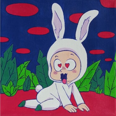 White bunny 绘画 标题为“White bunny” 由Eleonora Rom, 原创艺术品, 丙烯 安装在木质担架架上