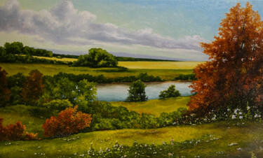 Autumn in orange colors Painting titled "Autumn in orange co…" by Oleg Baulin, Original Artwork, Oil Mounted on Wood Stretcher frame