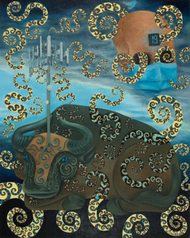 Year Of The Ox 绘画 标题为“Year Of The Ox” 由Mk Anisko, 原创艺术品, 油 安装在木质担架架上