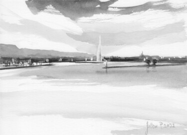 Rade de Genève depuis les Eaux-Vives jusqu'aux Pâquis 「Rade de Genève depu…」というタイトルの絵画 Philippe Juttensによって, オリジナルのアートワーク, 水彩画