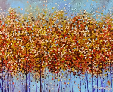 Golden autumn trees - colorful autumn forest Painting titled "Golden autumn trees…" by Aliaksandra Tsesarskaya, Original Artwork, Acrylic Mounted on Wood Stretcher frame
