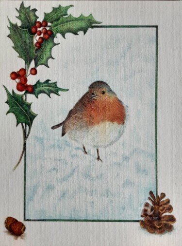 Le rouge gorge de Noël Dessin intitulée "Le rouge gorge de N…" par Valérie Jouffroy Ricotta, Œuvre d'art originale, Stylo à bille