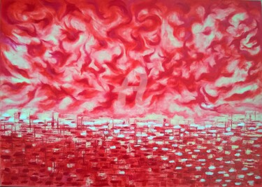 제목이 "IN RED"인 미술작품 Constantin Popescu로, 원작, 기름 나무 들것 프레임에 장착됨