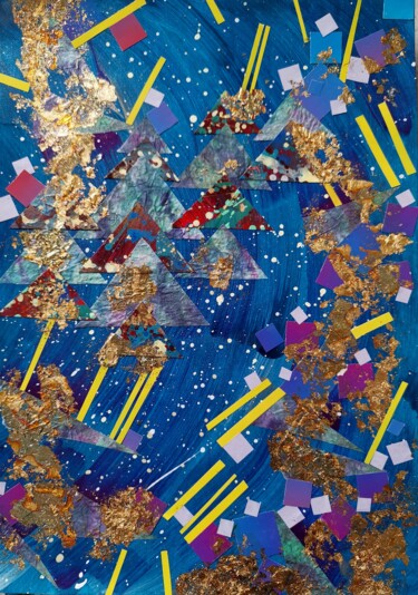Yellow bars on galaxy blue surface Collages titled "Yellow bars on gala…" by Lynda Rosemarie Stevens, Original Artwork, Collages