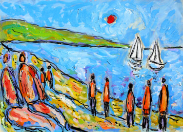 Peinture intitulée "Plage et voiliers" par Jean Mirre, Œuvre d'art originale, Huile