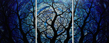 Triptyque silhouettes d’arbres de nuit Painting titled "Triptyque silhouett…" by Jonathan Pradillon, Original Artwork, Acrylic Mounted on Wood Stretcher frame