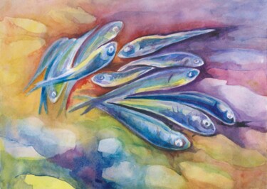 Drawing titled "Evening fishing cat…" by Galina Kandabaeva, Original Artwork, Watercolor