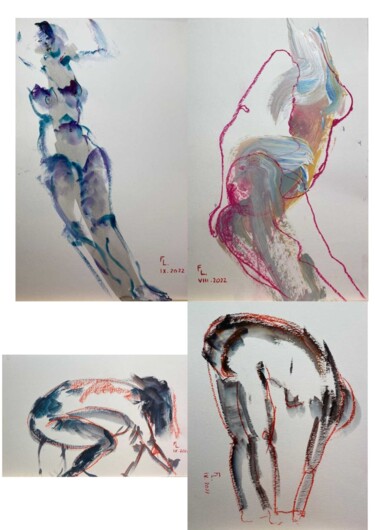 图画 标题为“4 DESSINS FEMMES JE…” 由Francoise Leblanc, 原创艺术品, 水彩