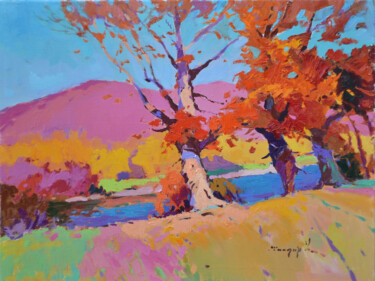 Painting titled "The Rustle of Autumn" by Alexander Shandor, Original Artwork, Oil Mounted on Wood Stretcher frame