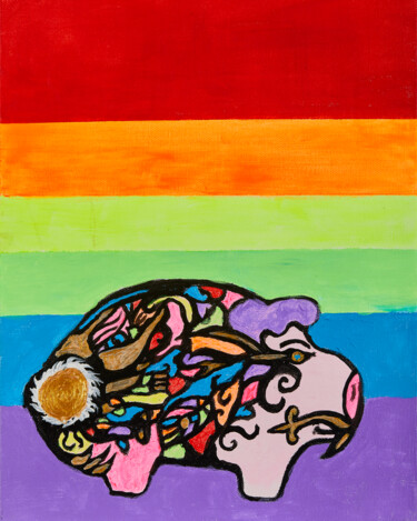「Pretty in Pig」というタイトルの絵画 Troy Wilson-Ripsomによって, オリジナルのアートワーク, アクリル ウッドストレッチャーフレームにマウント