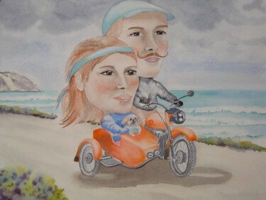 AQUARELLE originale: couple de grosses têtes en side-car Peinture intitulée "AQUARELLE originale…" par Isabelle Redonnet, Œuvre d'art originale, Aquarelle