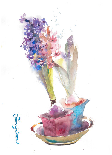 Painting titled "Hyacinths" by Helene Manoli, Original Artwork, Watercolor