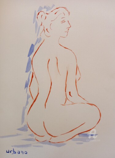 Nu à genoux Painting titled "Nu à genoux" by Roberto Urbano, Original Artwork, Watercolor