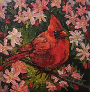 NORTHERN CARDINAL - oil painting, original gift, home decor 绘画 标题为“NORTHERN CARDINAL -…” 由Alona Vakhmistrova, 原创艺术品, 油 安装在木质担架架上