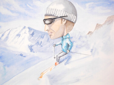 AQUARELLE originale et unique: Grosse tête en ski alpin Peinture intitulée "AQUARELLE originale…" par Isabelle Redonnet, Œuvre d'art originale, Aquarelle