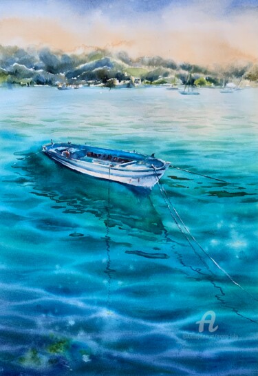 Yacht #3- seascape, emerald green, ocean. Peinture intitulée "Yacht #3- seascape,…" par Oxana Luky, Œuvre d'art originale, Aquarelle