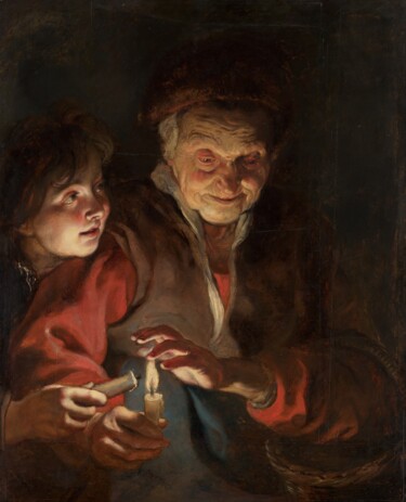 Vieille femme et garçon avec des bougies Peinture intitulée "Vieille femme et ga…" par Peter Paul Rubens, Œuvre d'art originale, Huile