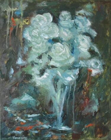 Painting titled "Night Bouquet" by Juri Semjonov, Original Artwork, Oil Mounted on Wood Stretcher frame