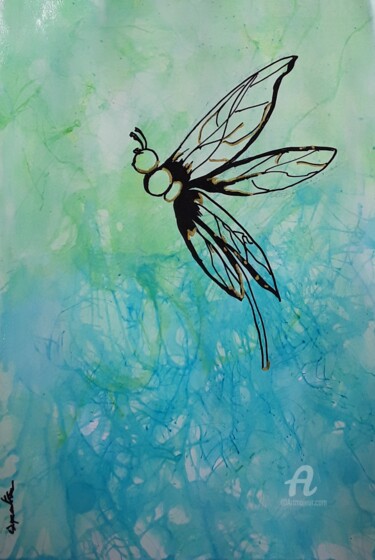 Malerei mit dem Titel "La Fée Libellule" von Danielle Alzonne, Original-Kunstwerk, Tinte