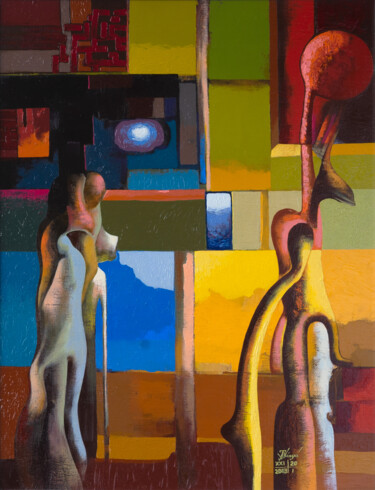 Painting titled "Square Moon Day" by Ihar Kavaleu, Original Artwork, Oil