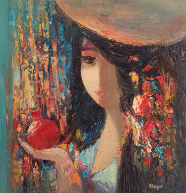 Girl with pomegranate (50x50cm, oil/canvas) 绘画 标题为“Girl with pomegrana…” 由Hayk Miqayelyan, 原创艺术品, 油 安装在木质担架架上