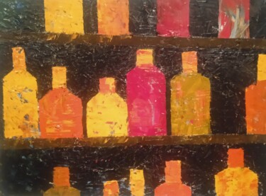 Les bouteilles sur une étagère . Painting titled "Les bouteilles sur…" by Bertrand Jost, Original Artwork, Oil Mounted on Wood Stretcher frame