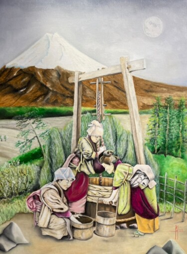 Un matin, au pied du Mont Fuji Schilderij getiteld "Un matin, au pied d…" door Pascal Herve, Origineel Kunstwerk, Olie Gemonteerd op Frame voor houten bran…